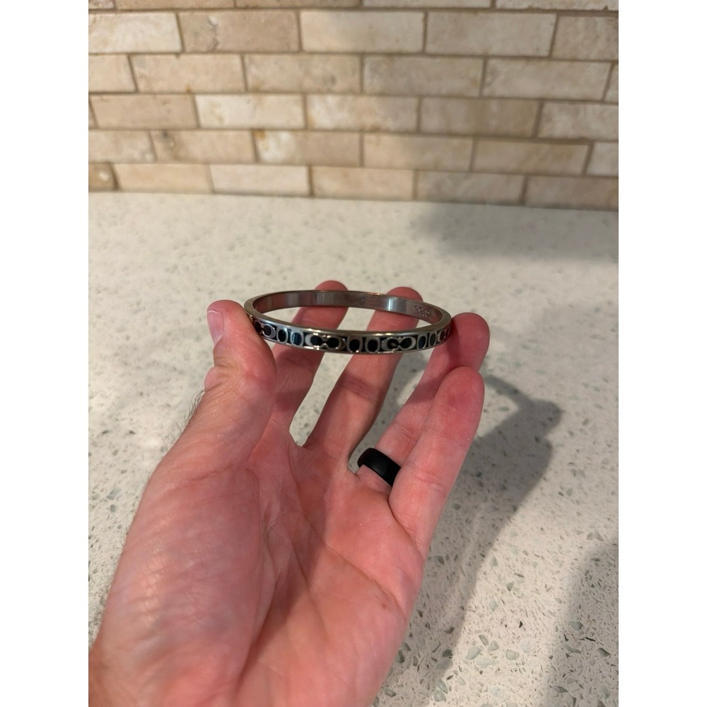 Coach Silver Black Signature Logo Bangle Bracelet Women's Jewelry